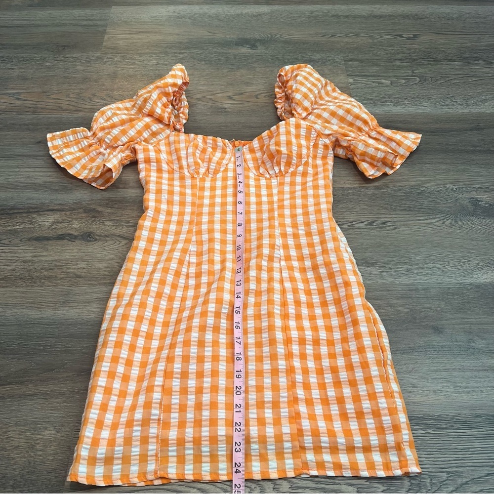 Orange Gingham Puff Sleeve Mini Dress Size Small Sweetheart Neck Boho Summer - Picture 8 of 9